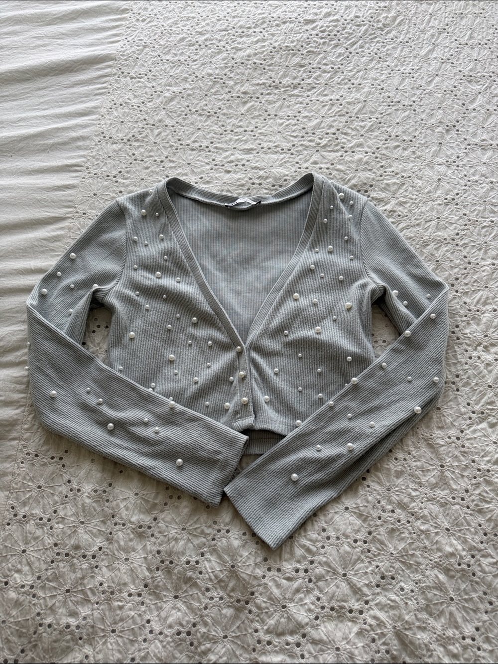 Pearl-Embellished Cropped Cardigan - Sage Green